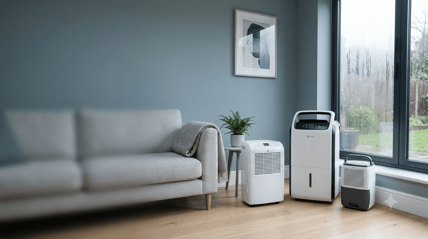 A UK living room with three dehumidifiers running against a rainy window