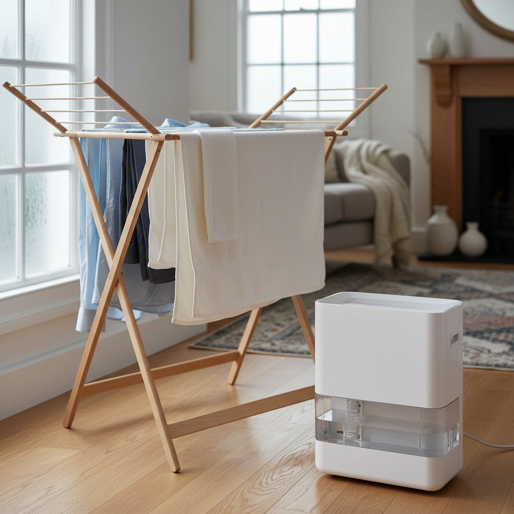 A clothes airer with washing in a UK living room