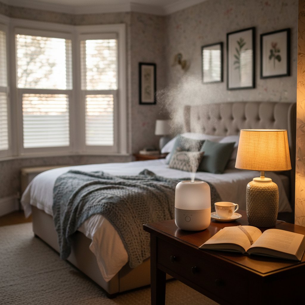 A humidifier on a bedside table in a UK bedroom